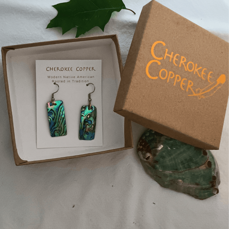 Cherokee Copper abalone earrings in rectangle design