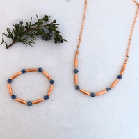 Copper necklace and bracelet set with blue beads