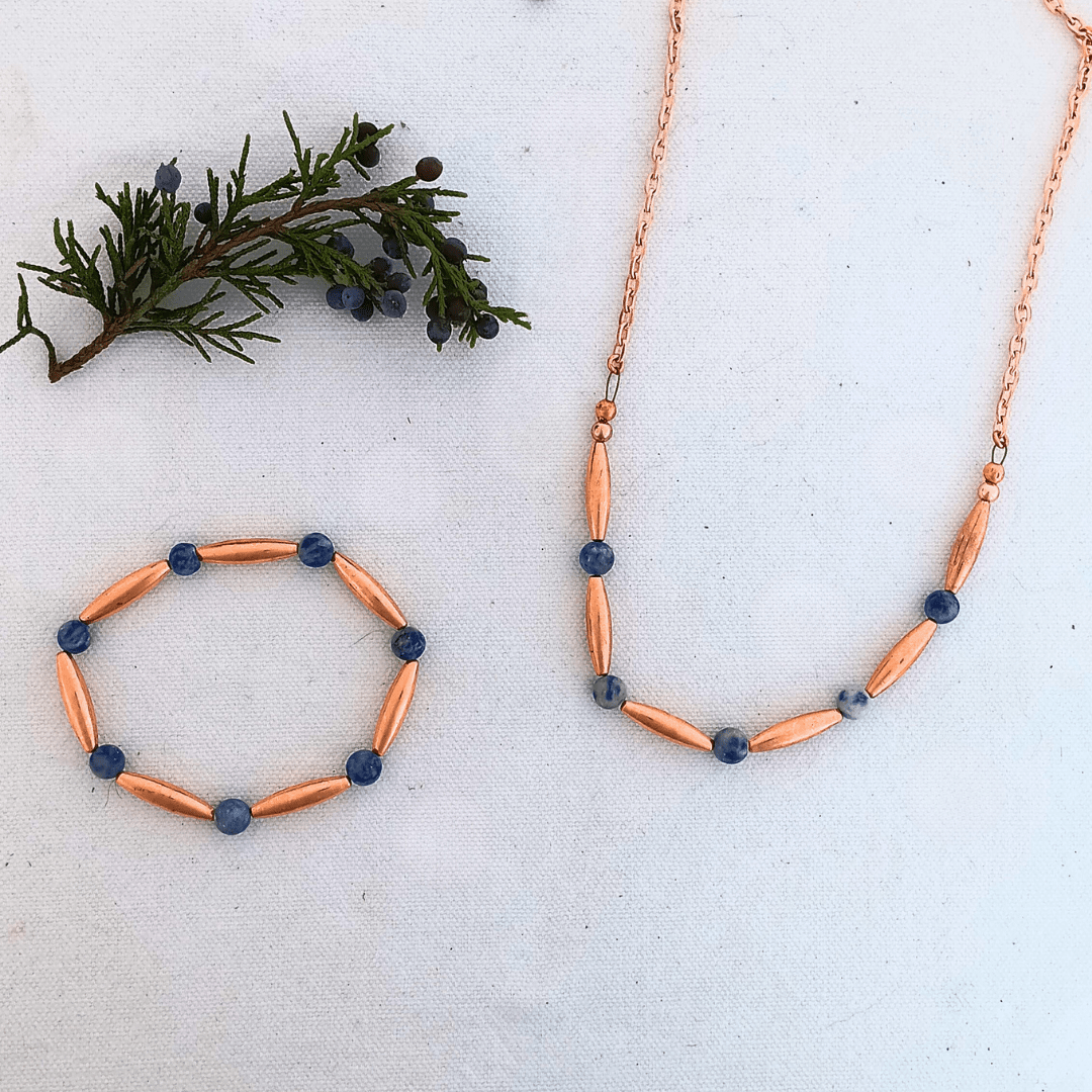 Copper necklace and bracelet set with blue beads
