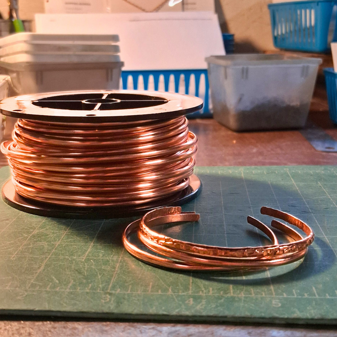 copper wire and copper cuffs made at the Cherokee Copper studio in Oklahoma