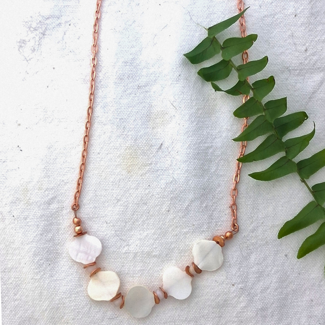 Mother of Pearl Quatrefoil and Copper Necklace