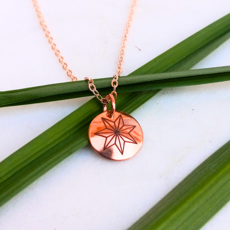 Cherokee star copper necklace on green leaves 